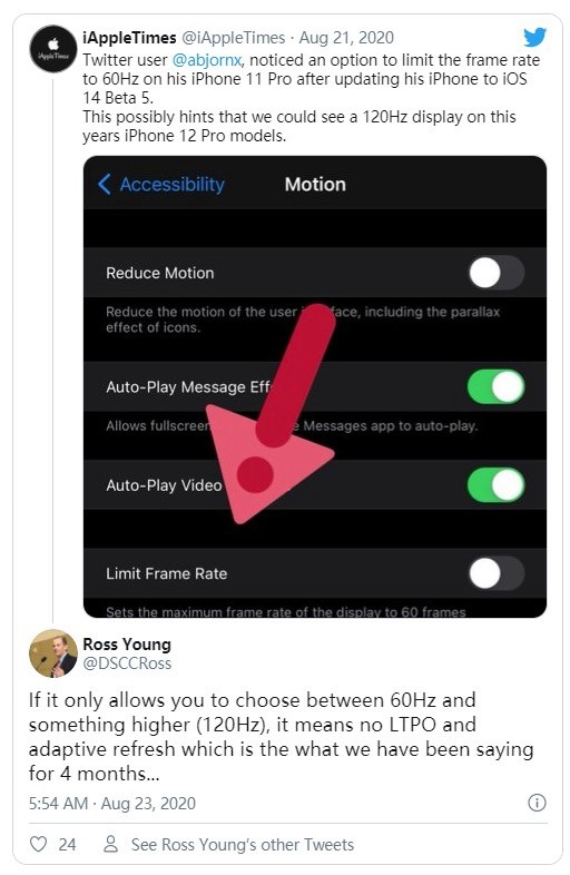 iOS14 Beta5再次暗示苹果 iPhone12将采用120Hz屏幕