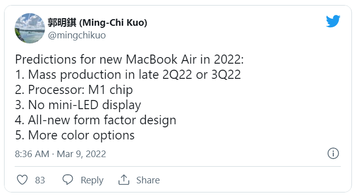 郭明錤：MacBook Air 2022将采用全新设计，搭载M1芯片