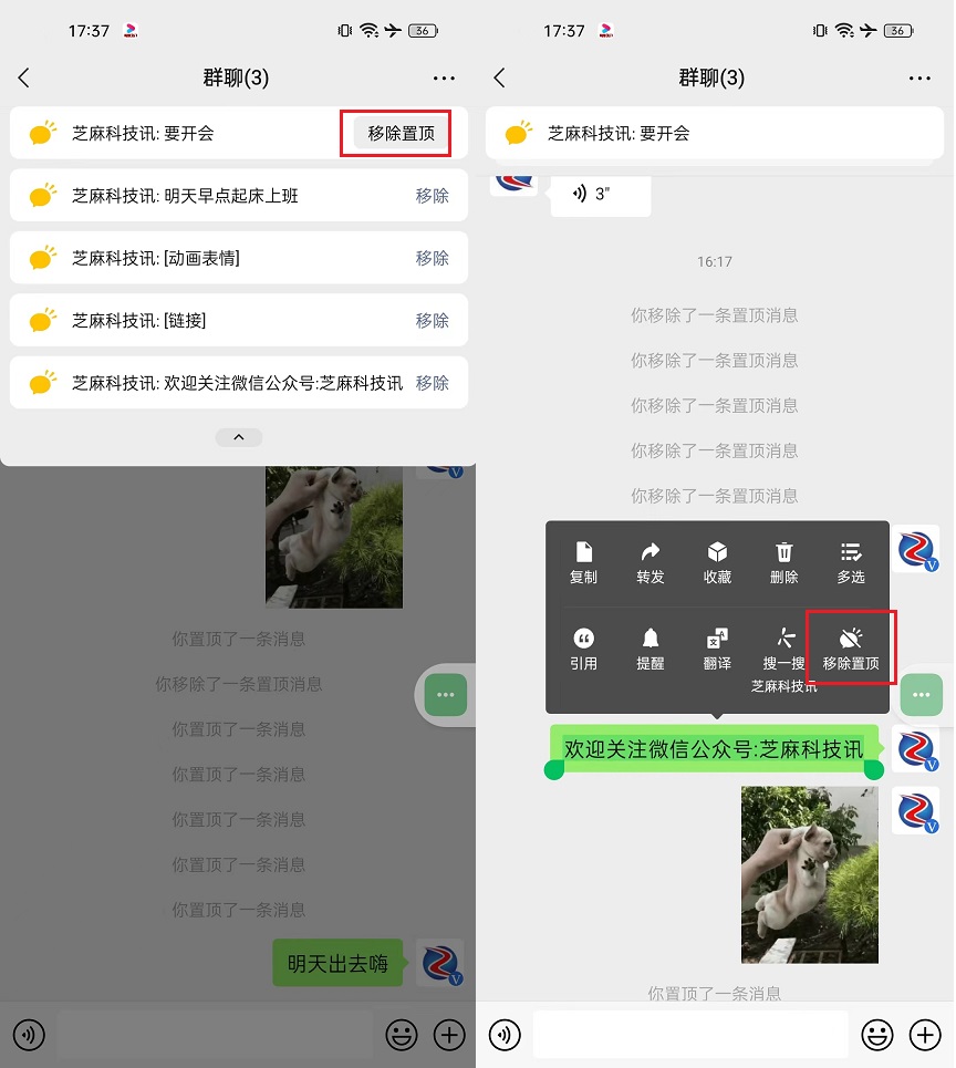 安卓微信上线新功能，群聊消息支持置顶了