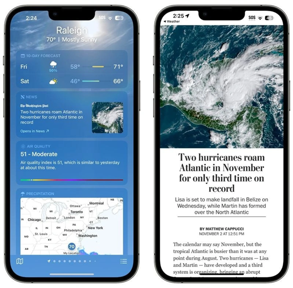 iOS 16.2天气新增Apple News新闻模块，看天气顺带看新闻