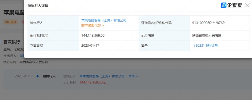 苹果上海公司被强制执行1.44亿元，史上首次！