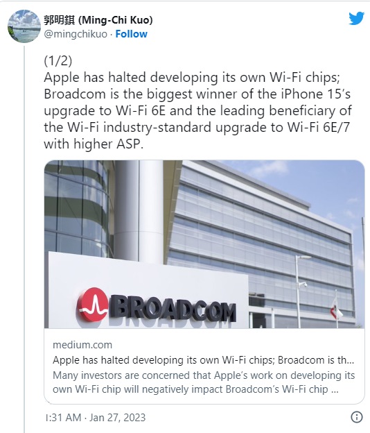 iPhone 15采用博通Wi-Fi6E 苹果自研芯片又失败了？